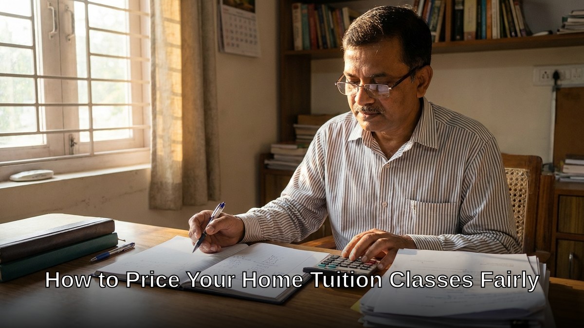 Indian home tutor working out tuition fees with calculator and notebook