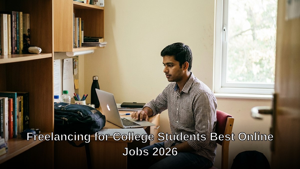 Indian college student working on laptop at study desk in hostel room with natural daylight