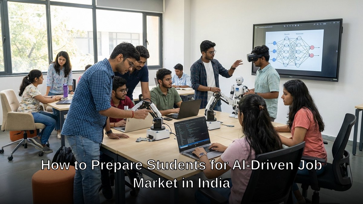 Indian students learning AI in a modern classroom to prepare students AI job market India expects