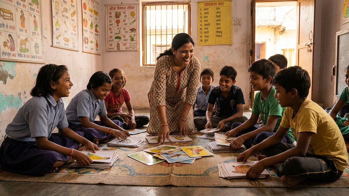 Teaching digital literacy without screens: Indian tuition teacher leading picture card activity with children