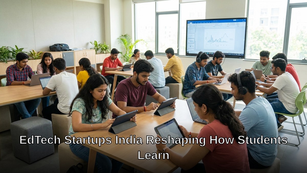 EdTech startups India: Indian students using tablets and laptops in a bright modern classroom