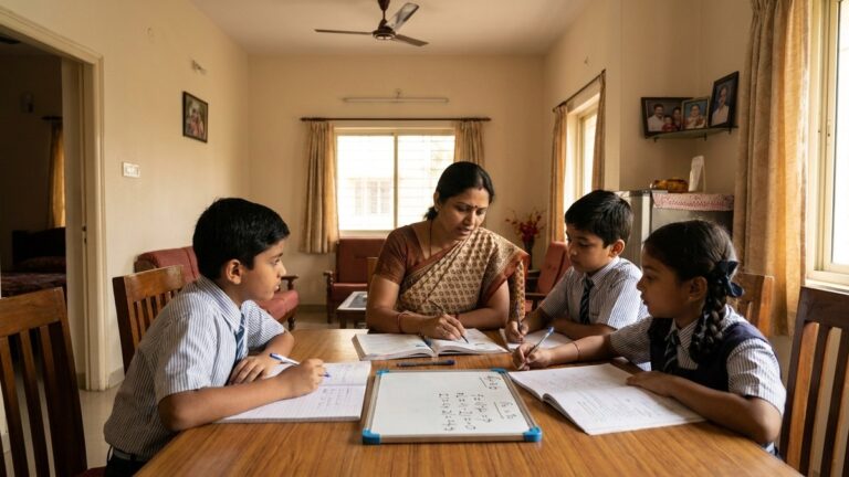 Home tuition business - Indian teacher conducting a home tuition class at home