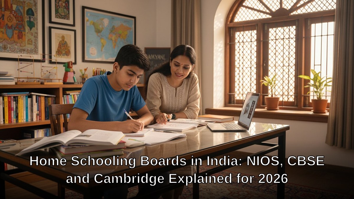 Indian teenager studying at home desk with parent helping, home schooling setup