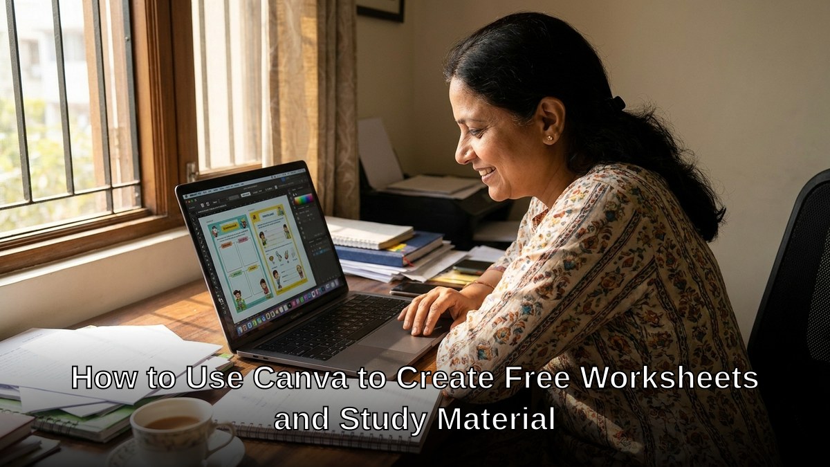 Indian tuition teacher designing colourful worksheets on laptop