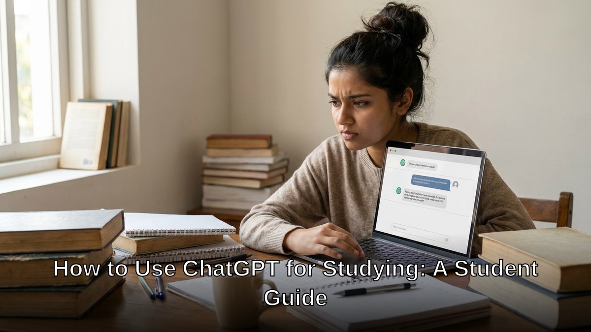 Indian college student using ChatGPT on laptop at study desk with textbooks