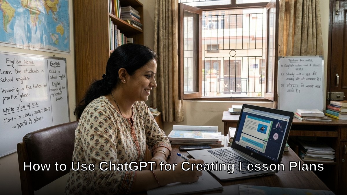 Indian tuition teacher planning lessons on laptop