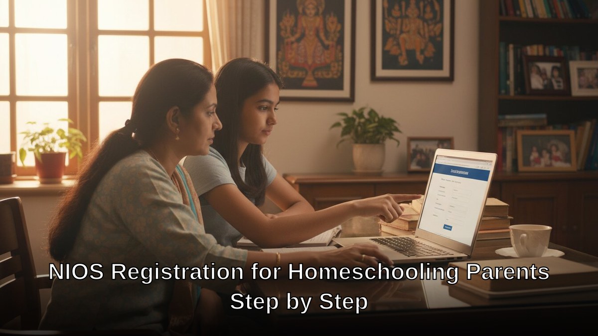 Indian parent helping teenage child fill out NIOS registration form on laptop at home desk