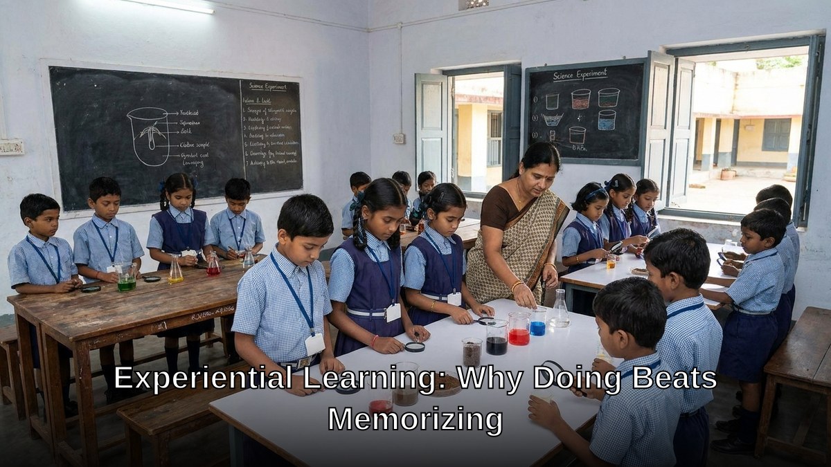 Children doing hands-on science experiment in Indian classroom