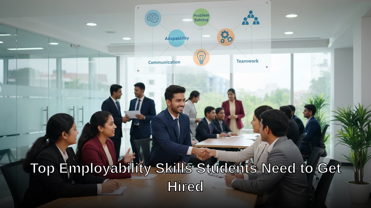 Indian college students shaking hands with recruiters at campus placement drive