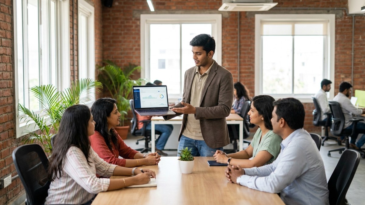 edtech startup India founder presenting digital learning platform to aspiring entrepreneurs