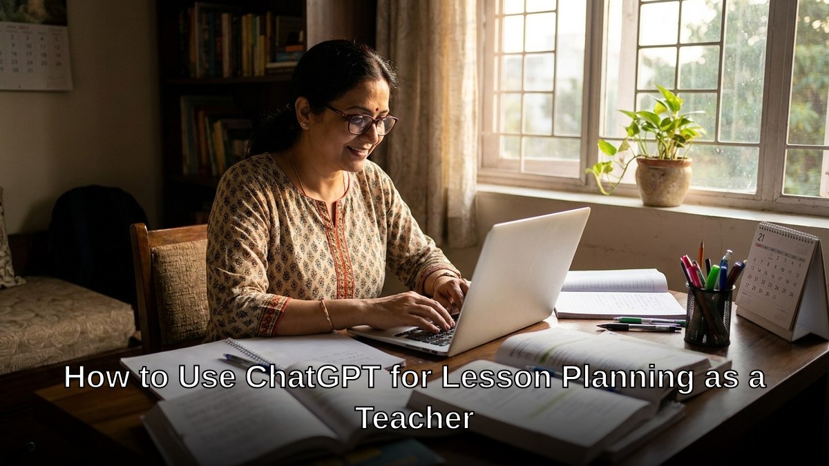 Indian teacher using ChatGPT lesson planning on laptop at home desk