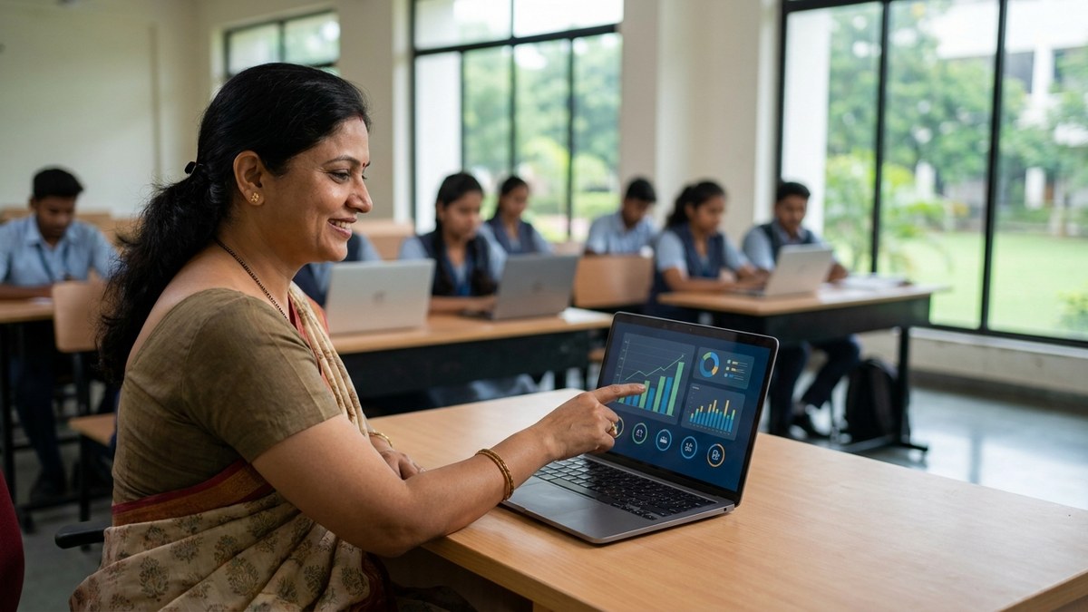 Indian teacher using the best AI tools for teachers on a laptop in a modern classroom