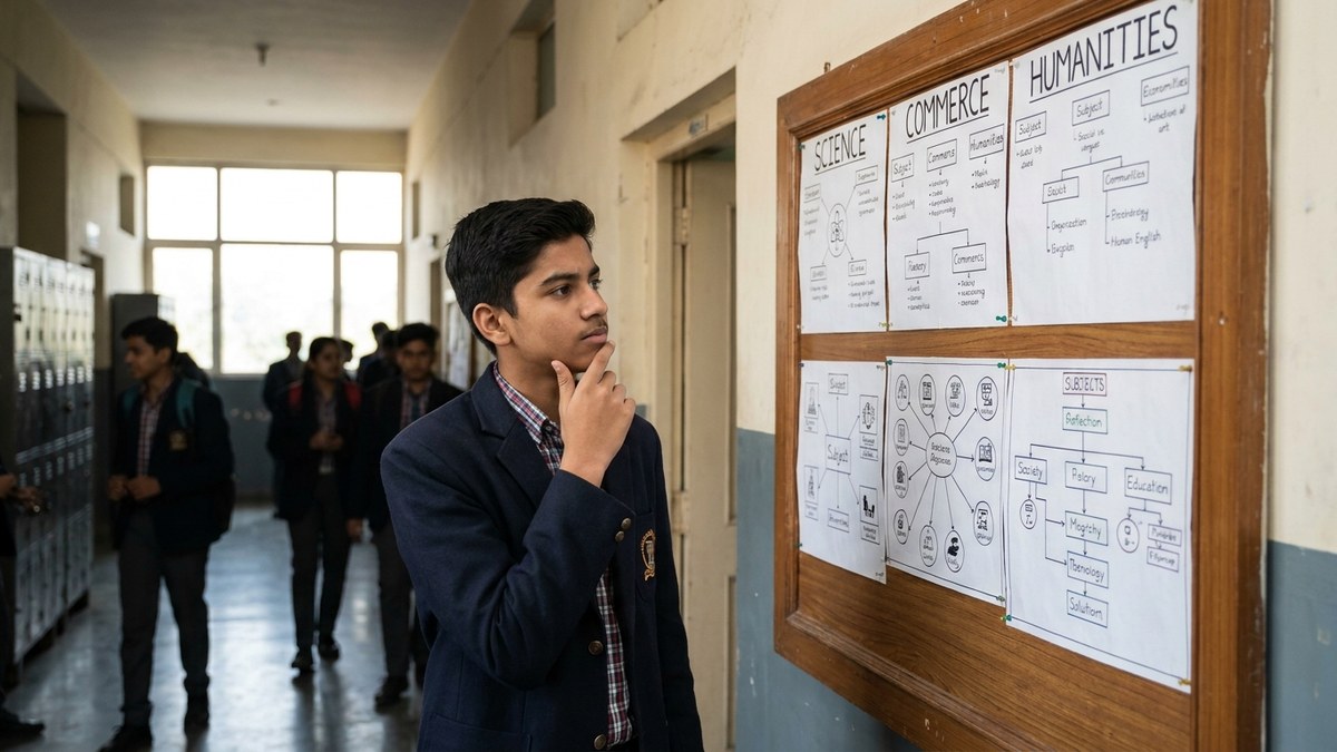 Indian 10th class student looking thoughtful at school notice board with stream selection charts, choosing career after 10th