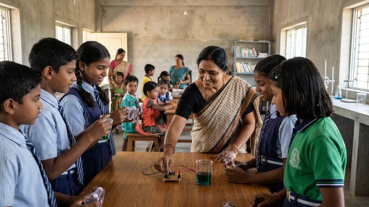 Indian students doing hands-on science experiment with teacher guidance