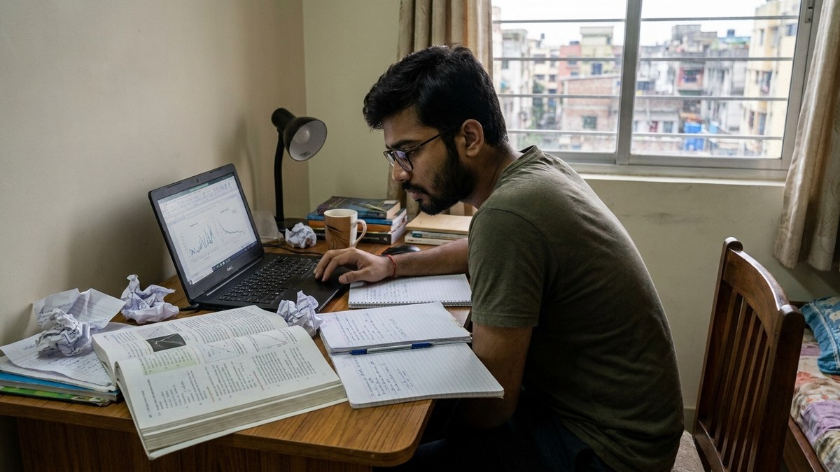 Indian student studying at desk with laptop and books