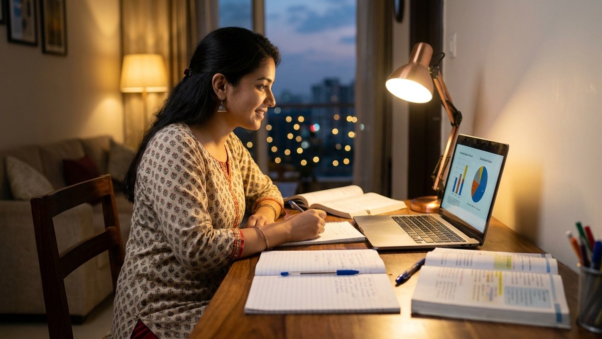 Young Indian teacher preparing class material on laptop at home