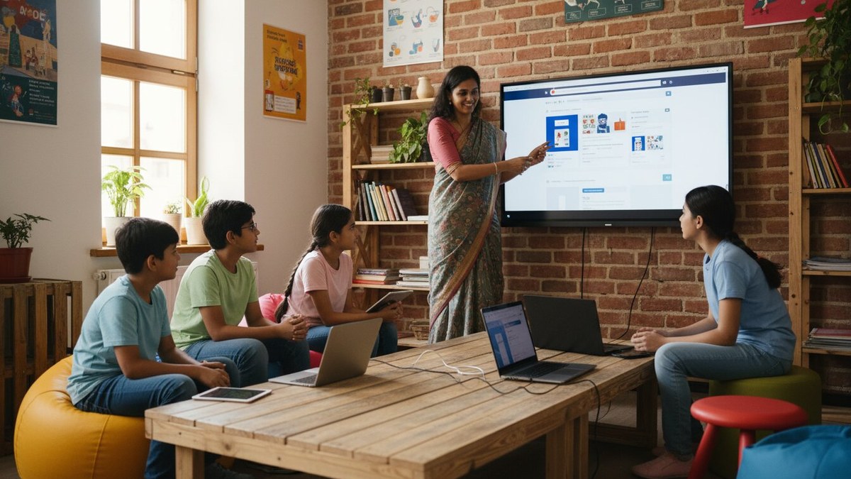 Indian educator explaining a Google Sites tuition centre website design to students