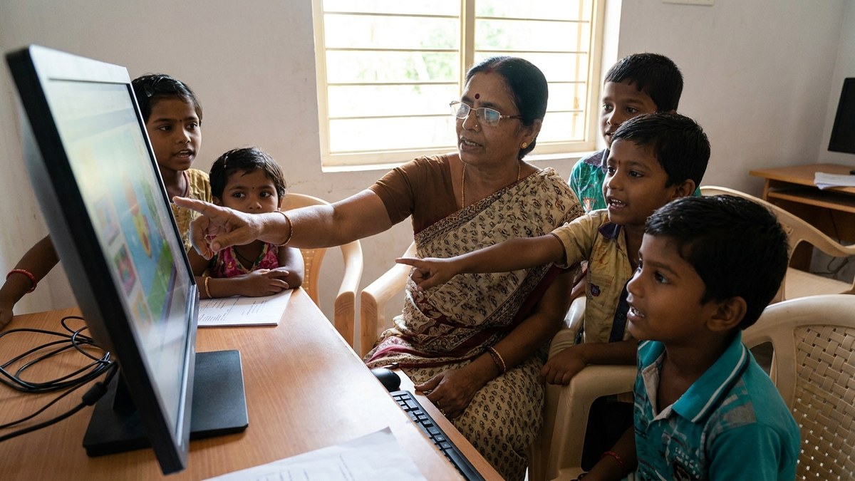 homeschool co-op India woman educator explaining a lesson on a computer screen to a small group of curious children in a community learning space