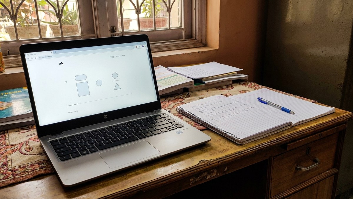Google Sites tuition centre website layout on a laptop in an Indian home tuition setup