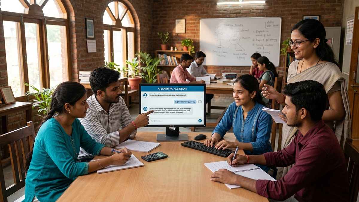 Indian students using AI chatbots for doubt solving at a community learning centre