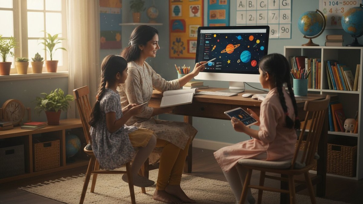 Female educator teaching students using a computer setup in a home learning centre