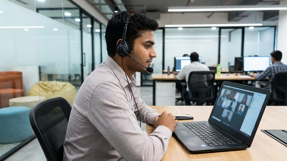 Indian fresher in online job interview at learning centre