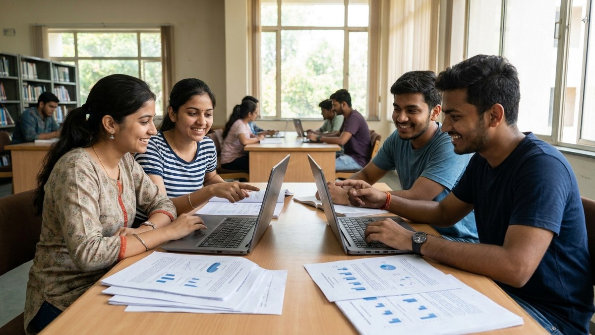 Indian university students collaborating in library with laptops and research papers, diverse group