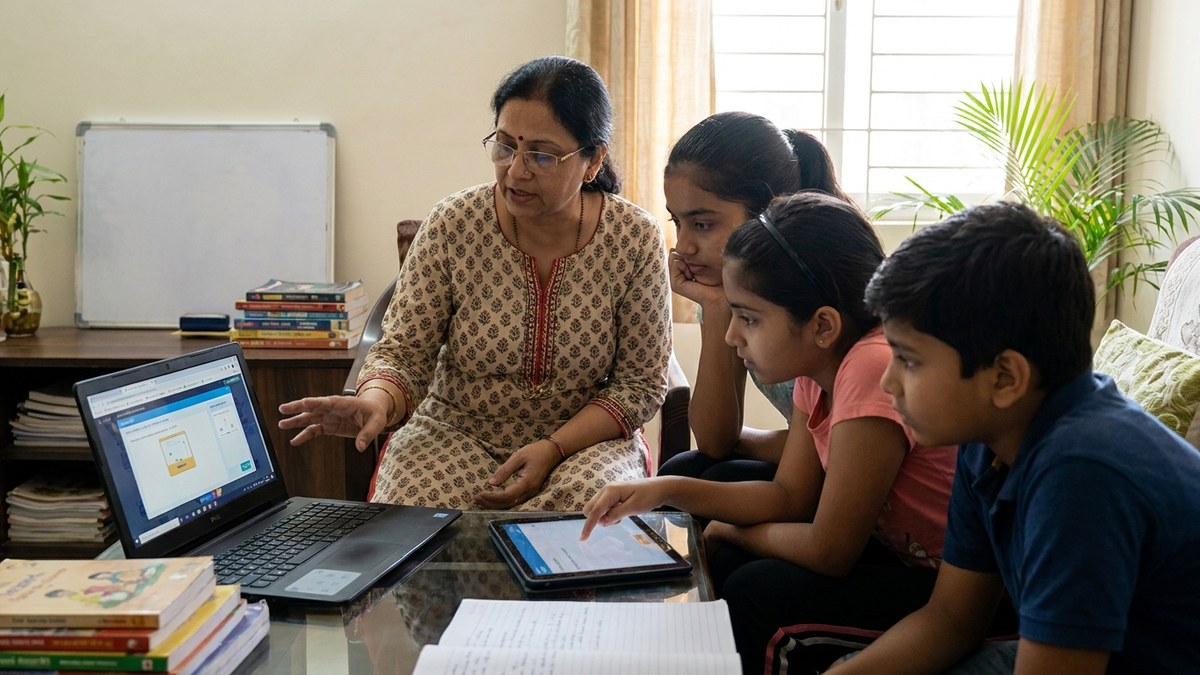Indian educator demonstrating digital learning tools to students in a home-based learning centre