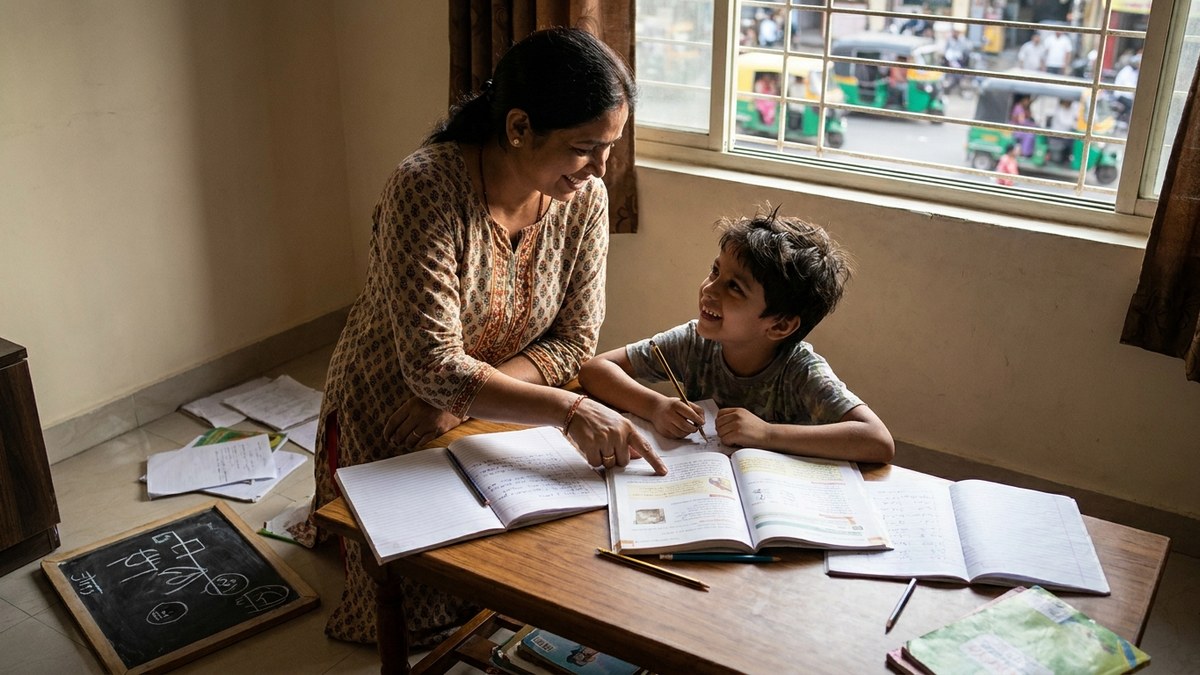 Indian child learning enthusiastically at home with parent guidance