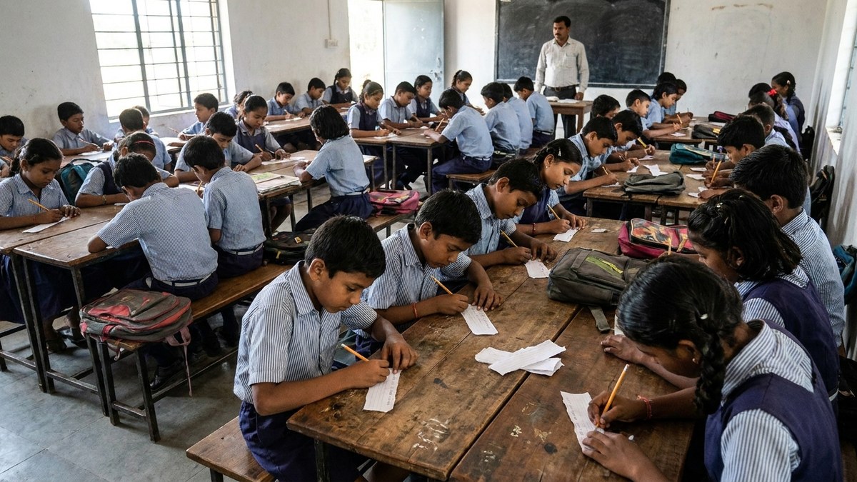 Indian students writing on small slips of paper at desks during class