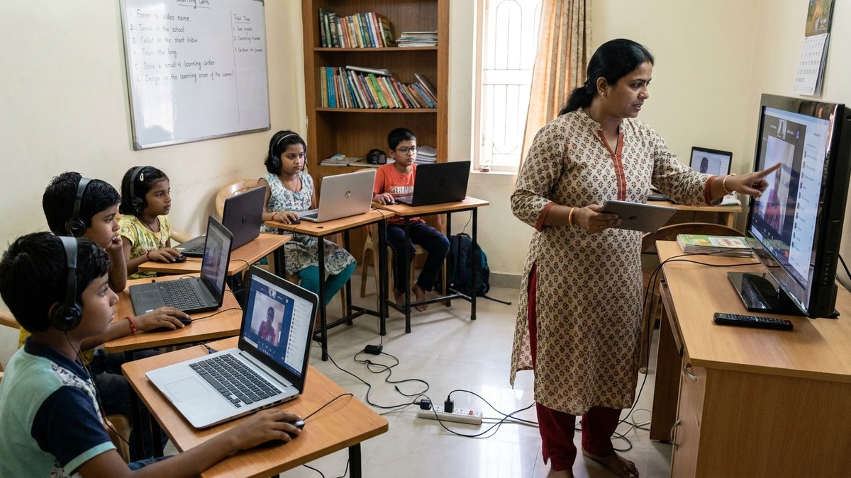 digital literacy in education - Indian tuition teacher conducting a digital class with students on laptops