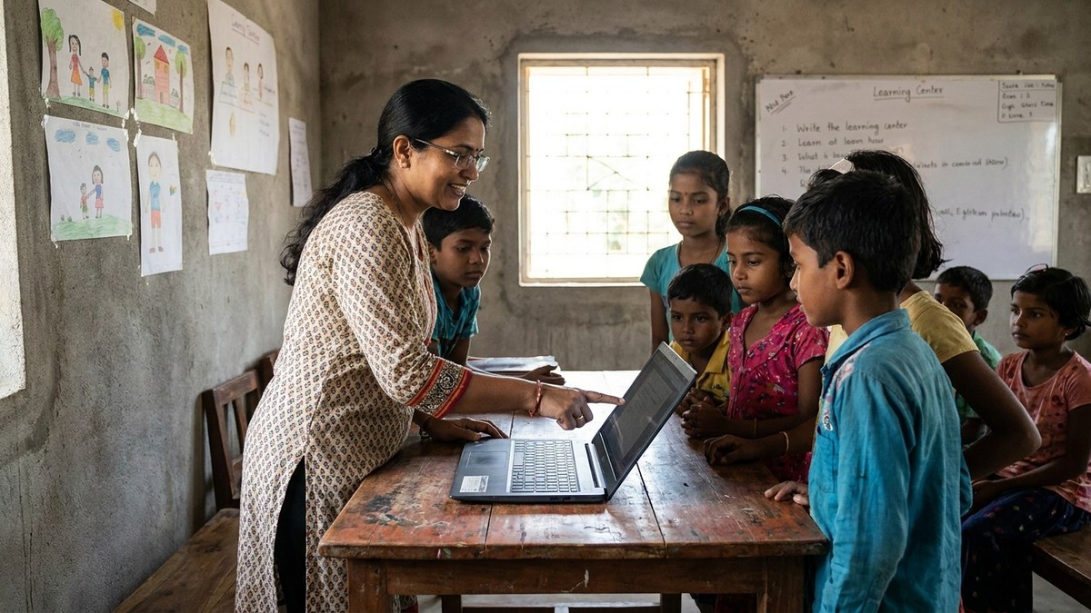 EdTech startups India: Indian woman educator teaching students through a laptop in a community learning centre