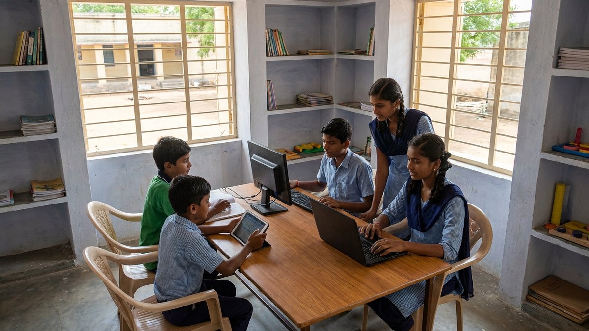Indian educator working with diverse students in a classroom setting