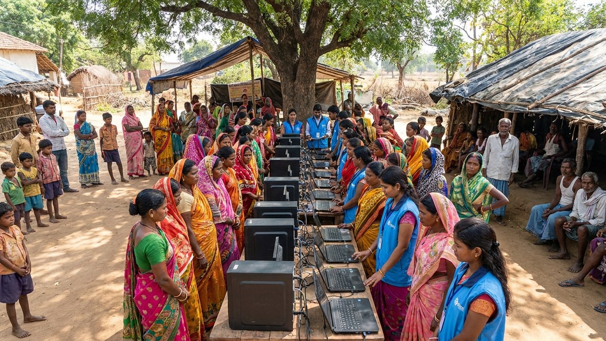 Indian government digital literacy training camp in village with women learning on computers