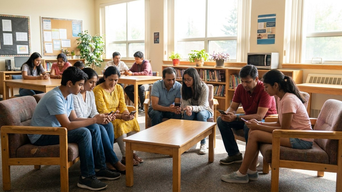 Parents and students in a community learning centre checking WhatsApp groups
