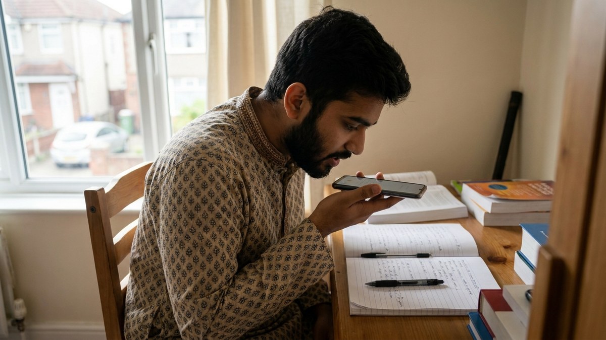spoken english practice with phone recording at a study desk