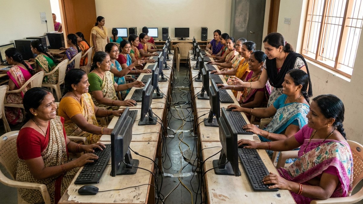 Indian women attending a free computer training class in a community centre, learning digital skills together