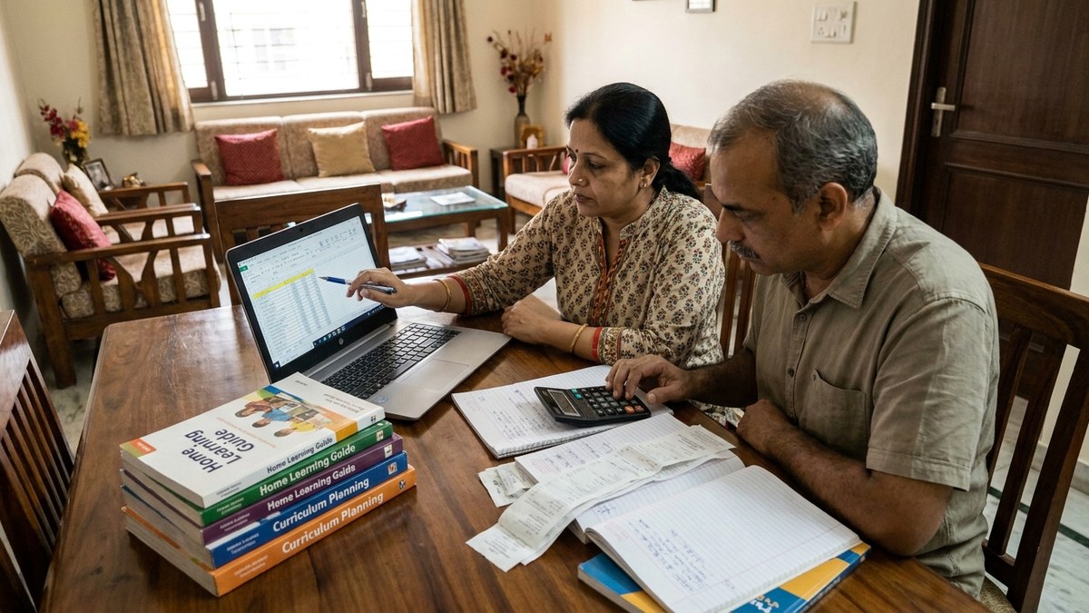 Indian parents reviewing home schooling in india fees and budget at home with paperwork