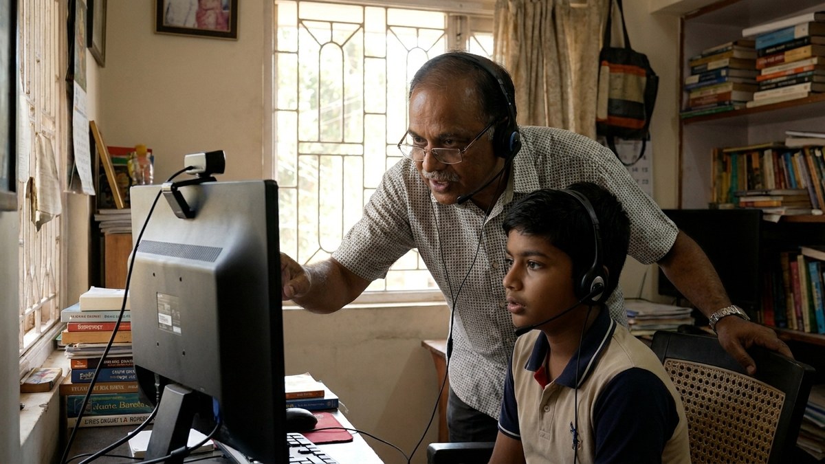 Indian educator teaching a student using a computer in a home study room