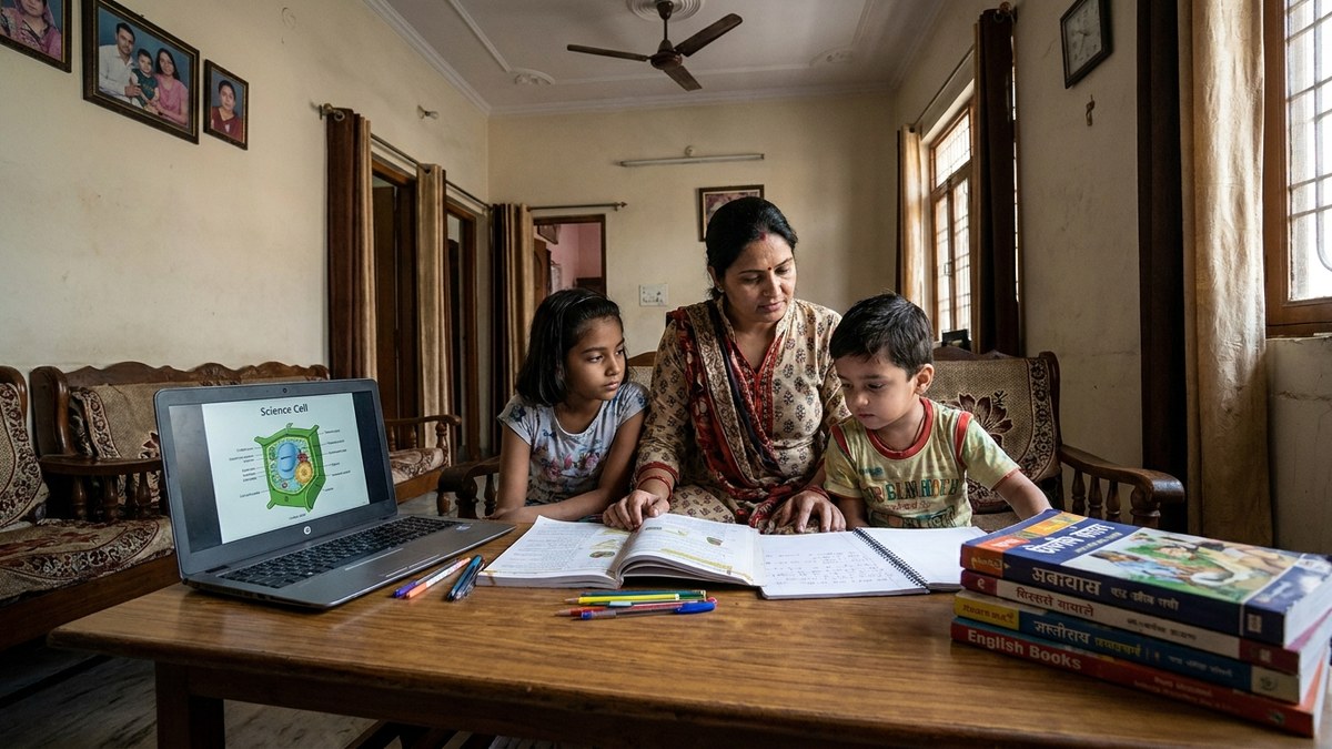 Homeschooling books, notebooks and laptop with study material, parent guiding children through lessons in Indian home
