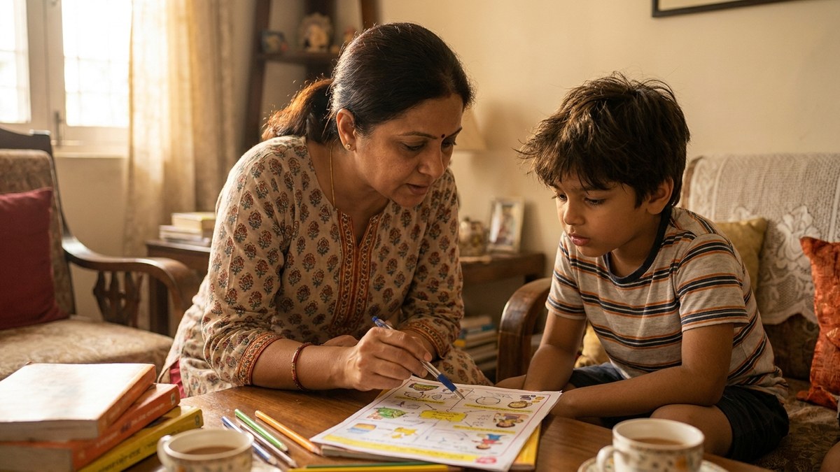 Indian tutor using ChatGPT lesson planning to explain a lesson to a young student during home tuition