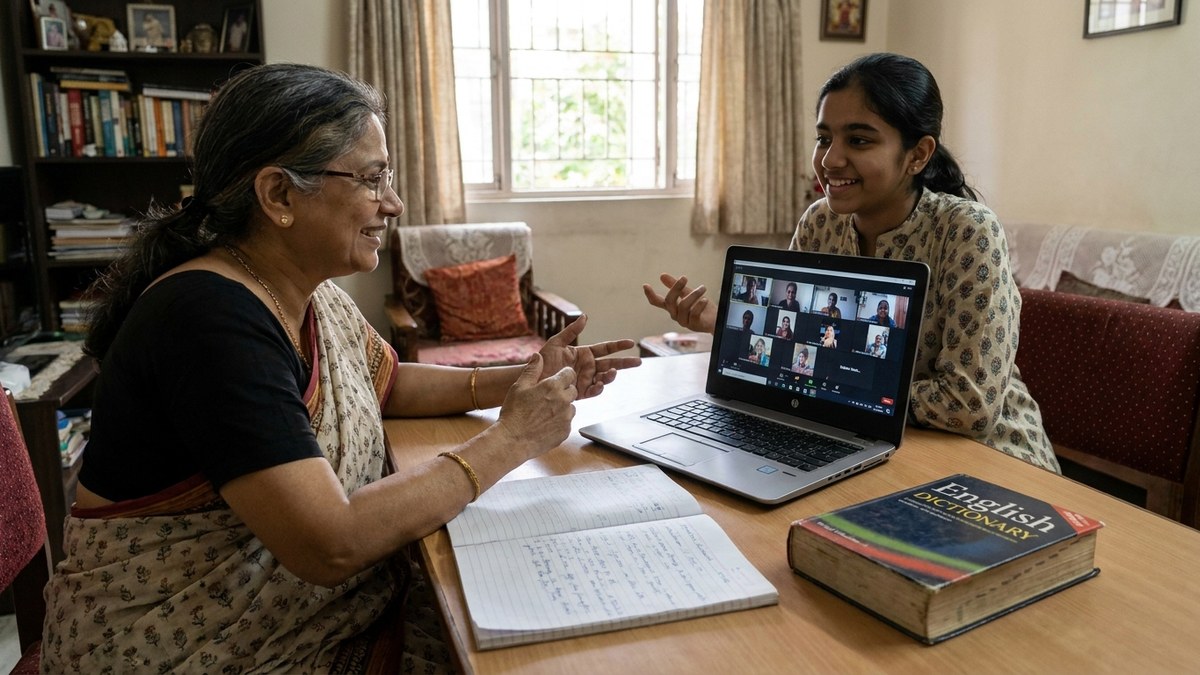 Educator teaching a spoken English course to students in a learning centre with proper equipment