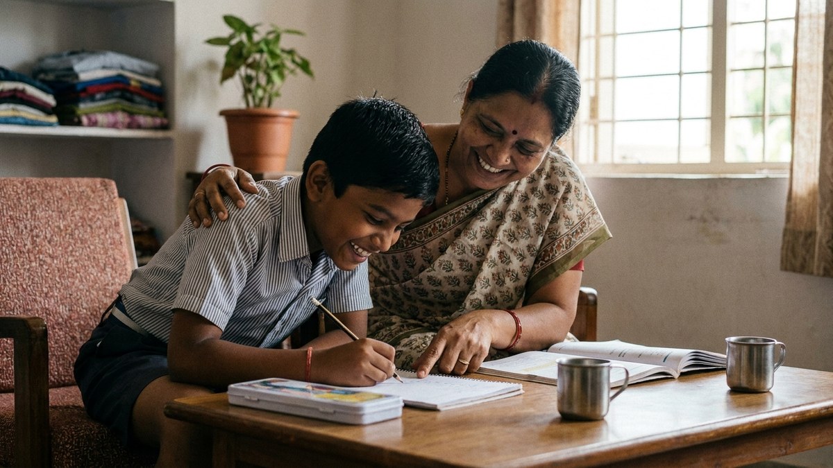 Class 1 student writing in a notebook during home tuition for class 1