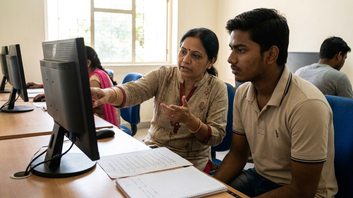 An Indian educator training a student, part of a free digital skills course for students programme