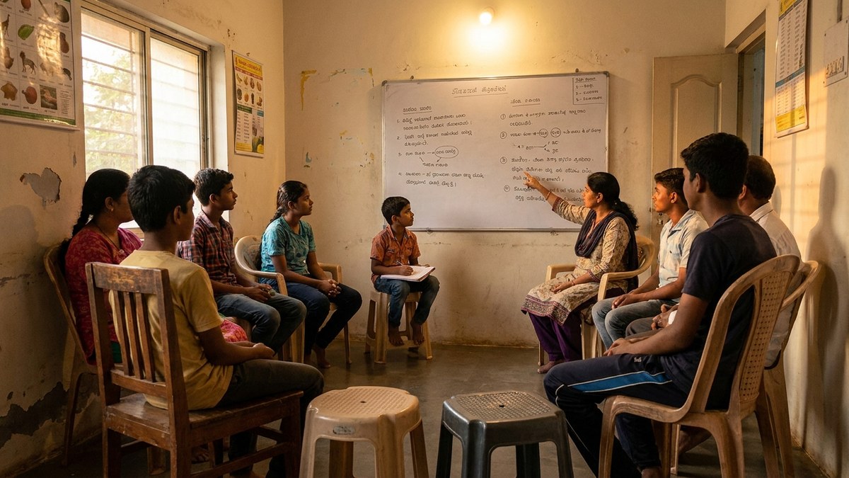 Indian community learning centre with students learning together