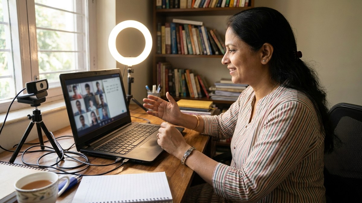 Indian teacher conducting live online coaching class from home with computer, webcam and ring light