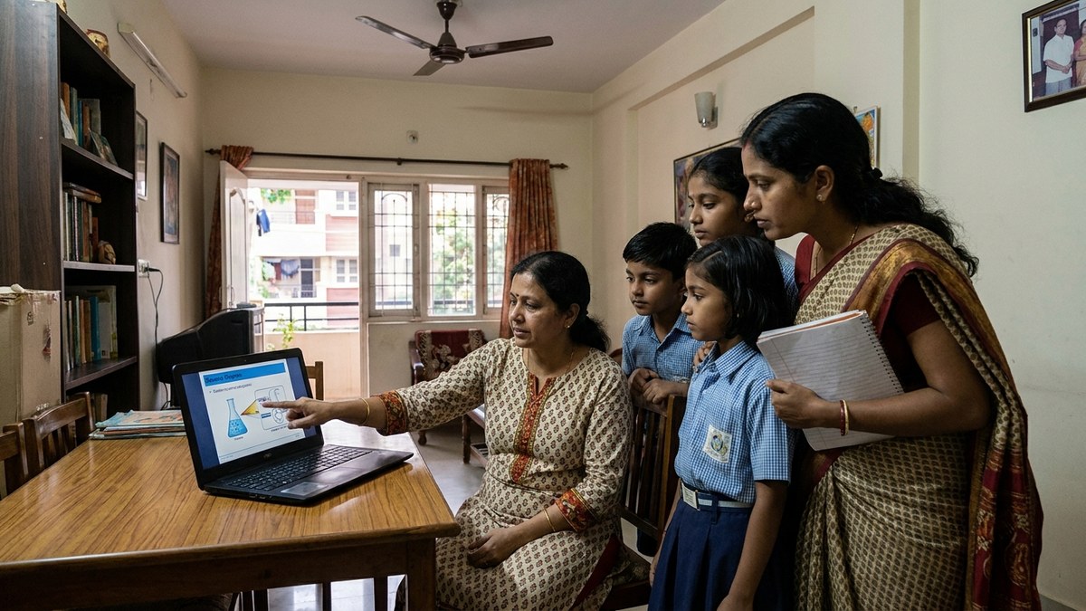 digital literacy mission village skill centre with rural youth and woman at desktop computer
