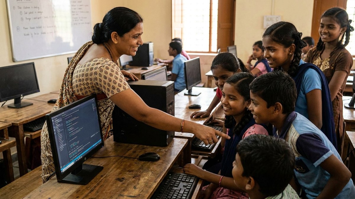 Indian educator teaching digital skills to students around a desktop computer