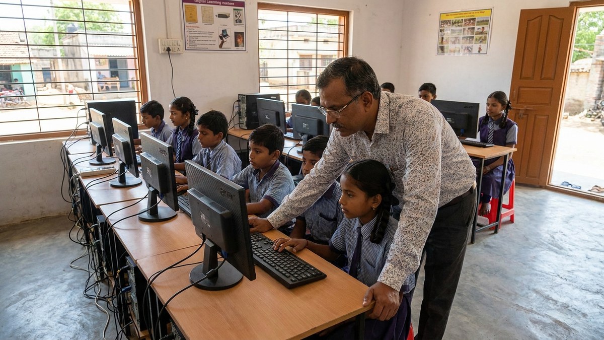 AI chatbot for student doubts - Indian edupreneur running Point of Digital Learning centre with students using computers