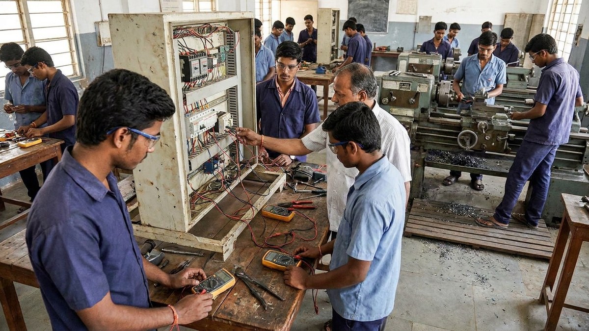 Indian students learning electrical or mechanical skills in training center